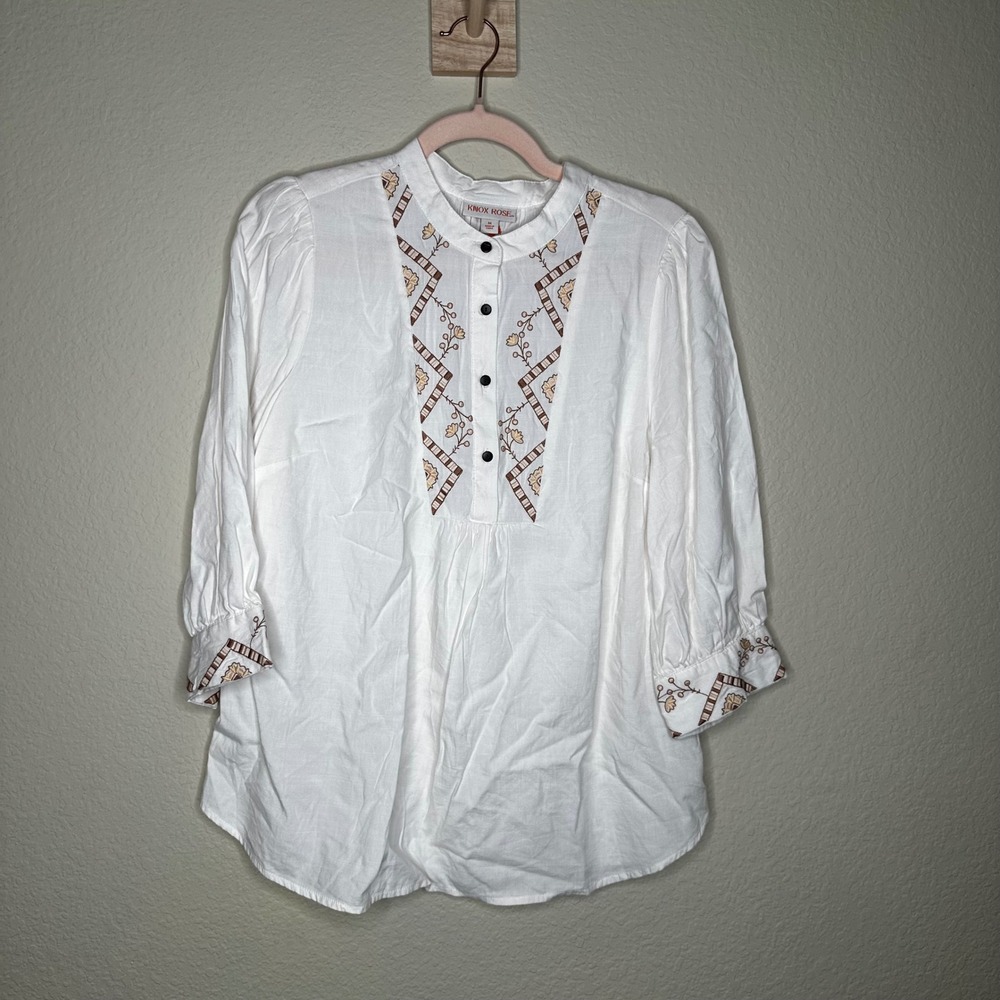 Knox Rose Ivory Embroidered Peasant Top M Cream Boho Button Front Blouse NEW